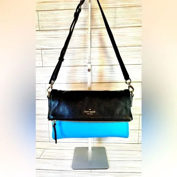 013-Kate Spade Marsala Blk,wht&blue color Block Leather Messenger Crossbody Bag - Picture 1 of 13